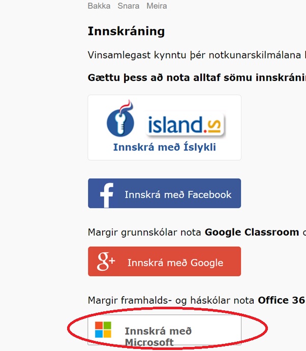 Innskráning á Snöru með Microsoft-innskráningu