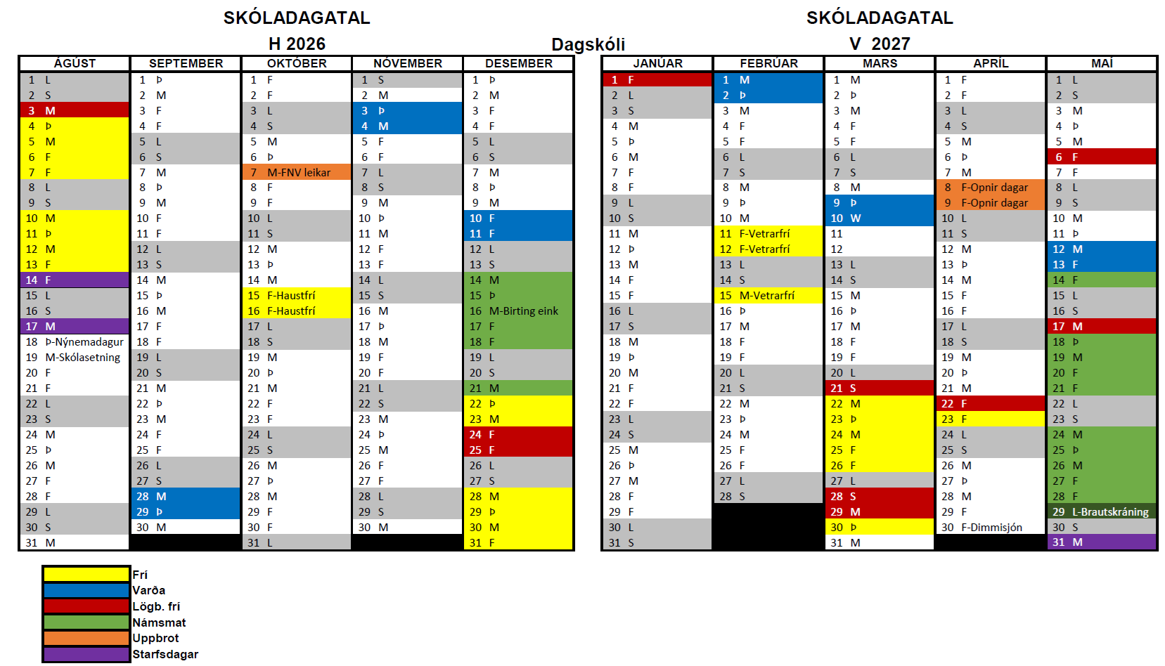 Skóladagatal 2026-2027