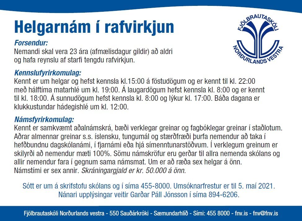 Auglýsing um helgarnám í rafvirkjun