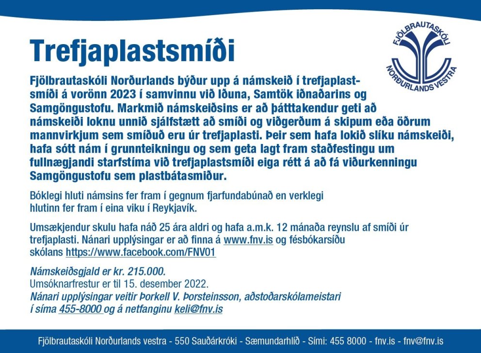 Auglýsing um námskeið í trefjaplastsmíði