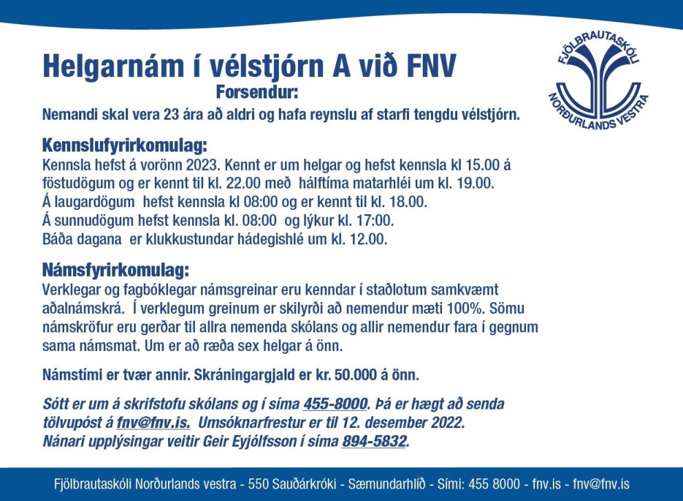 Auglýsing um helgarnám í vélstjórn A