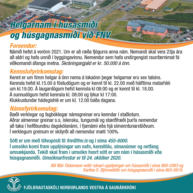 Auglýsing um helgarnám í húsasmíði og húsgagnasmíði