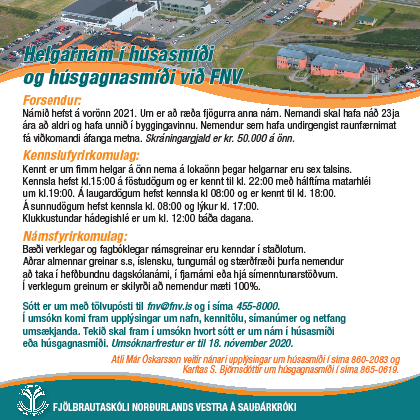 Auglýsing um helgarnám í húsasmíði og húsgagnasmíði