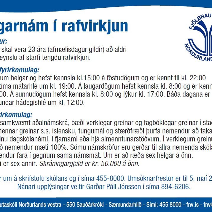 Auglýsing um helgarnám í rafvirkjun