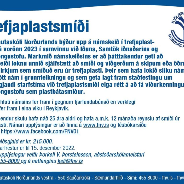 Auglýsing um námskeið í trefjaplastsmíði