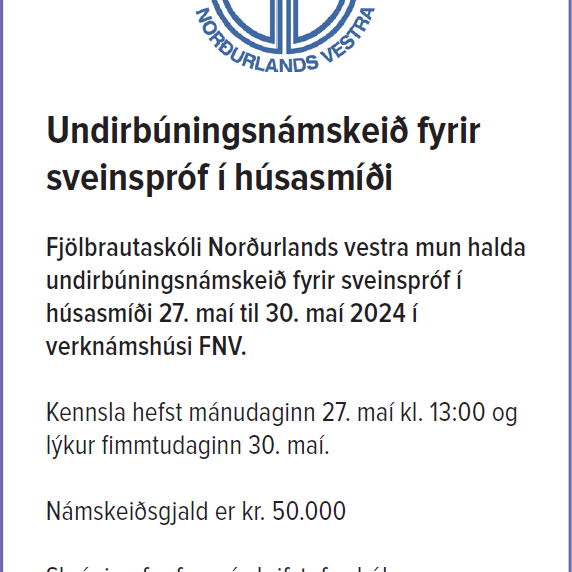 Auglýsing fyrir undirbúningsnámskeið fyrir sveinspróf í húsasmíði