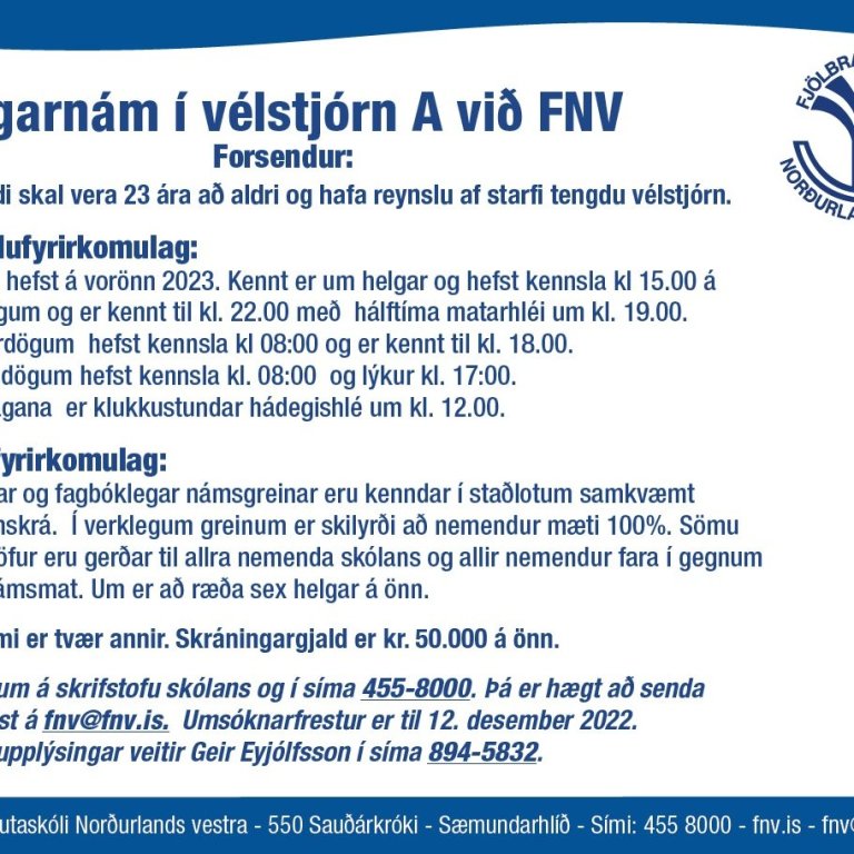 Auglýsing um helgarnám í vélstjórn A